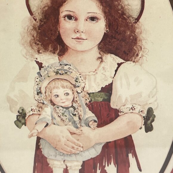 Vintage Framed Oval Victorian Girl & Doll Illustration 8 x 6 .5”Wood Frame - Picture 5 of 5